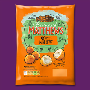 Visual of the packaging of the frozen breaded Turkey Mini Kievs.