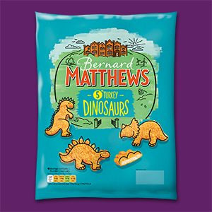 Visual of the packaging of the frozen breaded Turkey Dinosaurs.