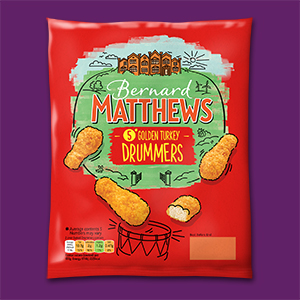 Visual of the packaging of the frozen breaded Turkey Drummers.