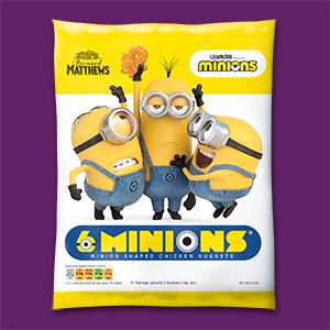Visual of the packaging of the frozen breaded Chicken Minions.
