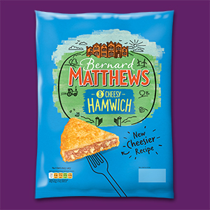 Visual of the packaging of the frozen breaded Turkey Cheesy Hamwich.
